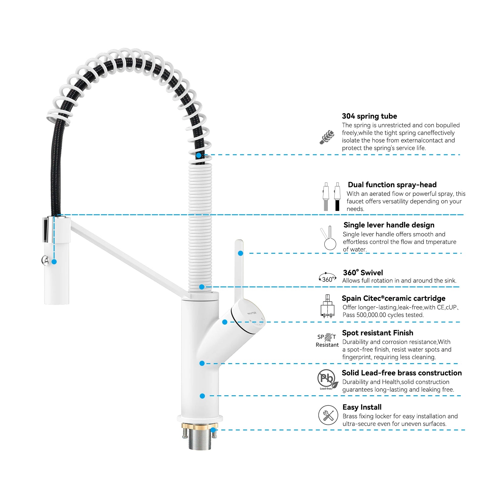 Spring Coil Pull-Down Kitchen Faucet – 360° Swivel 304 Stainless Steel Spring – KFB1087