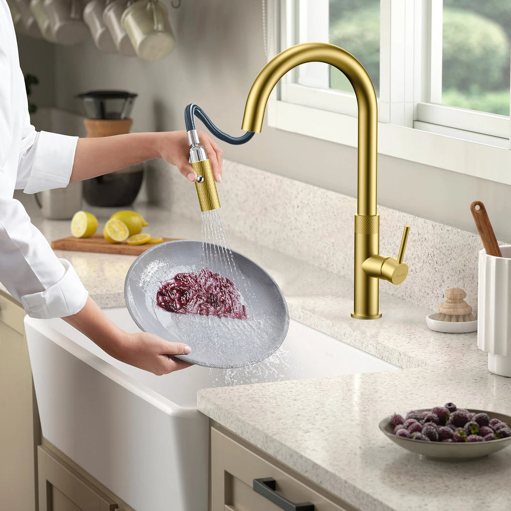 Textured High-Arc Pull-Down Kitchen Faucet – Dual Function Swivel Spray Head – KF1088