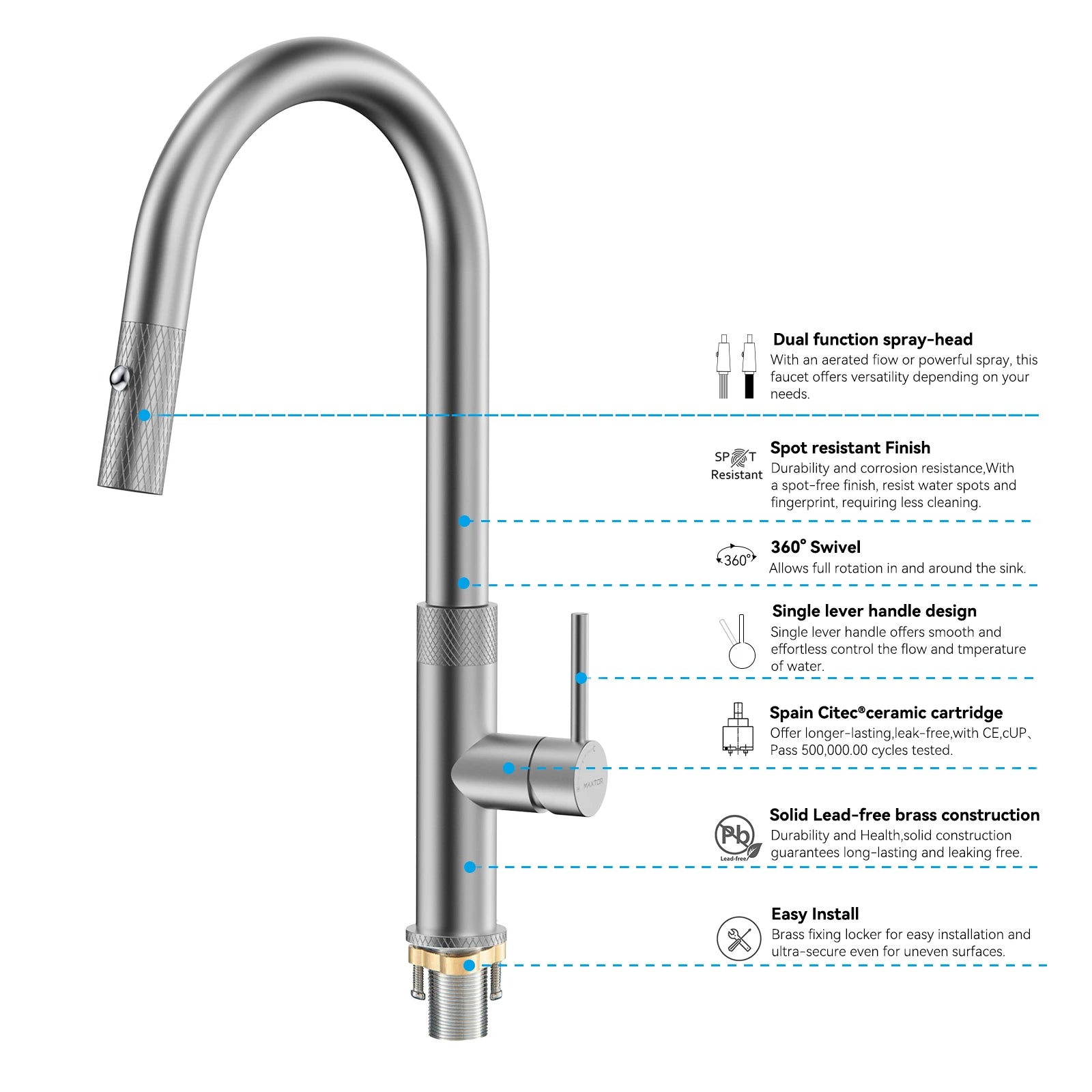Textured High-Arc Pull-Down Kitchen Faucet – Dual Function Swivel Spray Head – KF1088