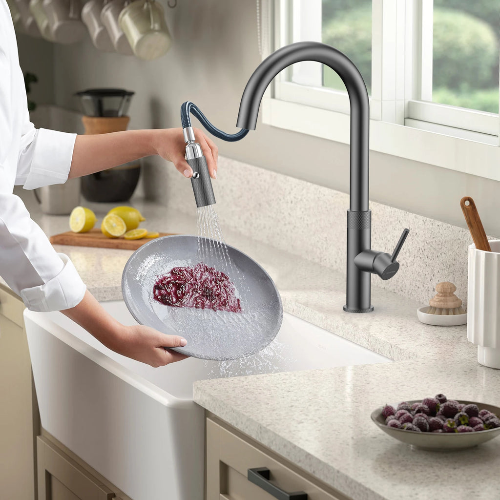 Textured High-Arc Pull-Down Kitchen Faucet – Dual Function Swivel Spray Head – KF1088