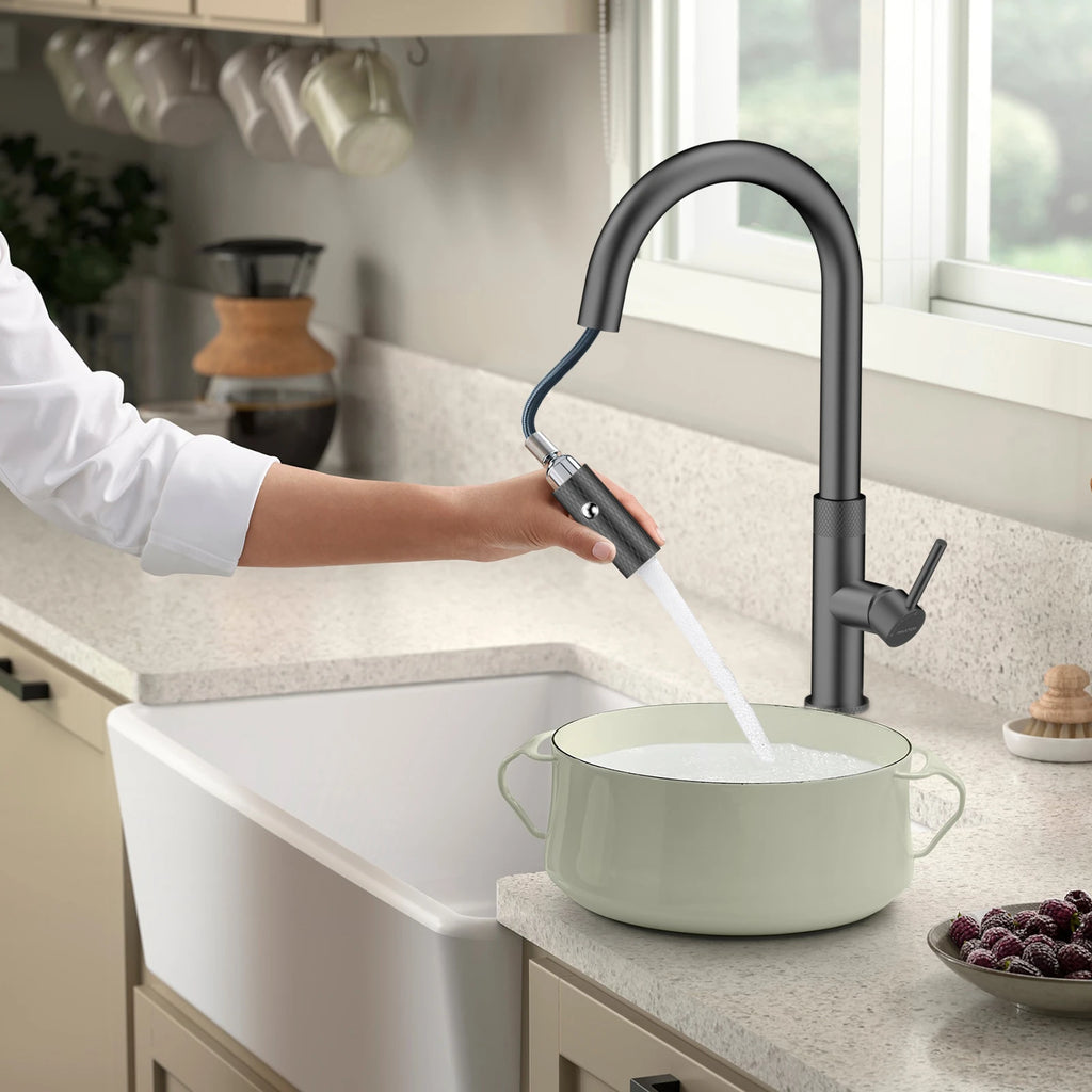Textured High-Arc Pull-Down Kitchen Faucet – Dual Function Swivel Spray Head – KF1088
