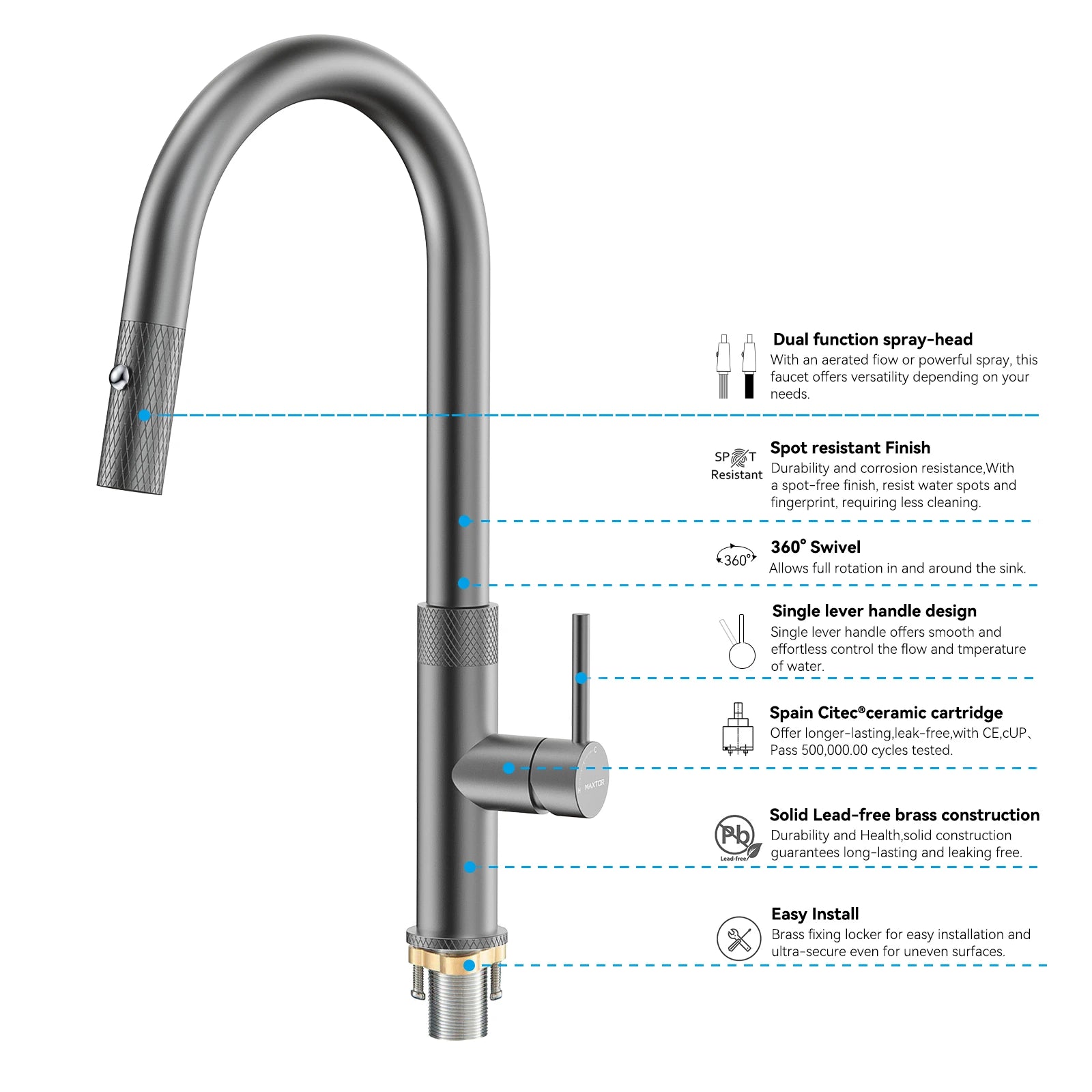Textured High-Arc Pull-Down Kitchen Faucet – Dual Function Swivel Spray Head – KF1088