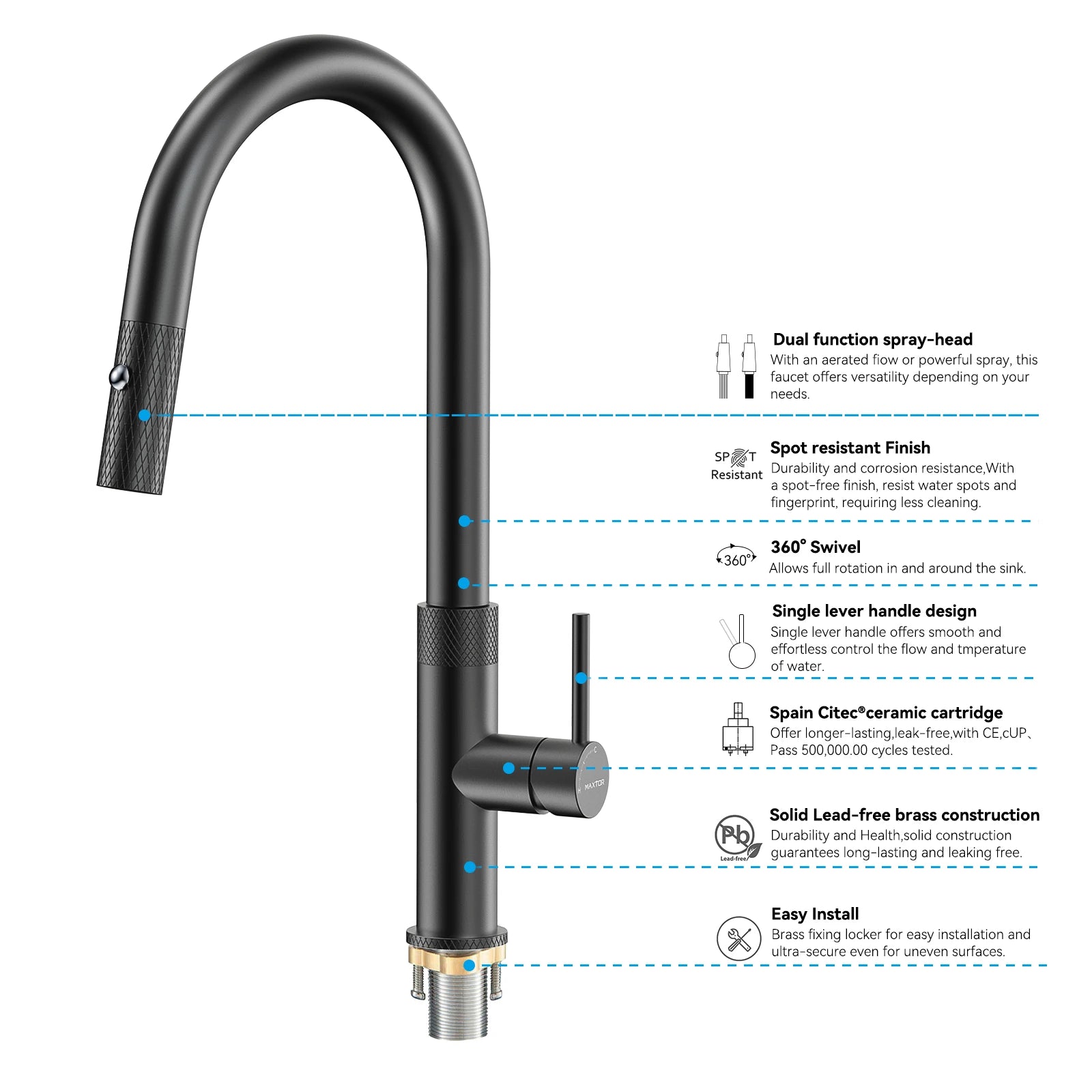 Textured High-Arc Pull-Down Kitchen Faucet – Dual Function Swivel Spray Head – KF1088