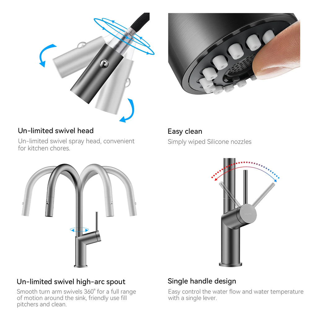 Minimalist High-Arc Pull-Down Kitchen Faucet – 360° Swivel Spot-Free Finish – KF1097