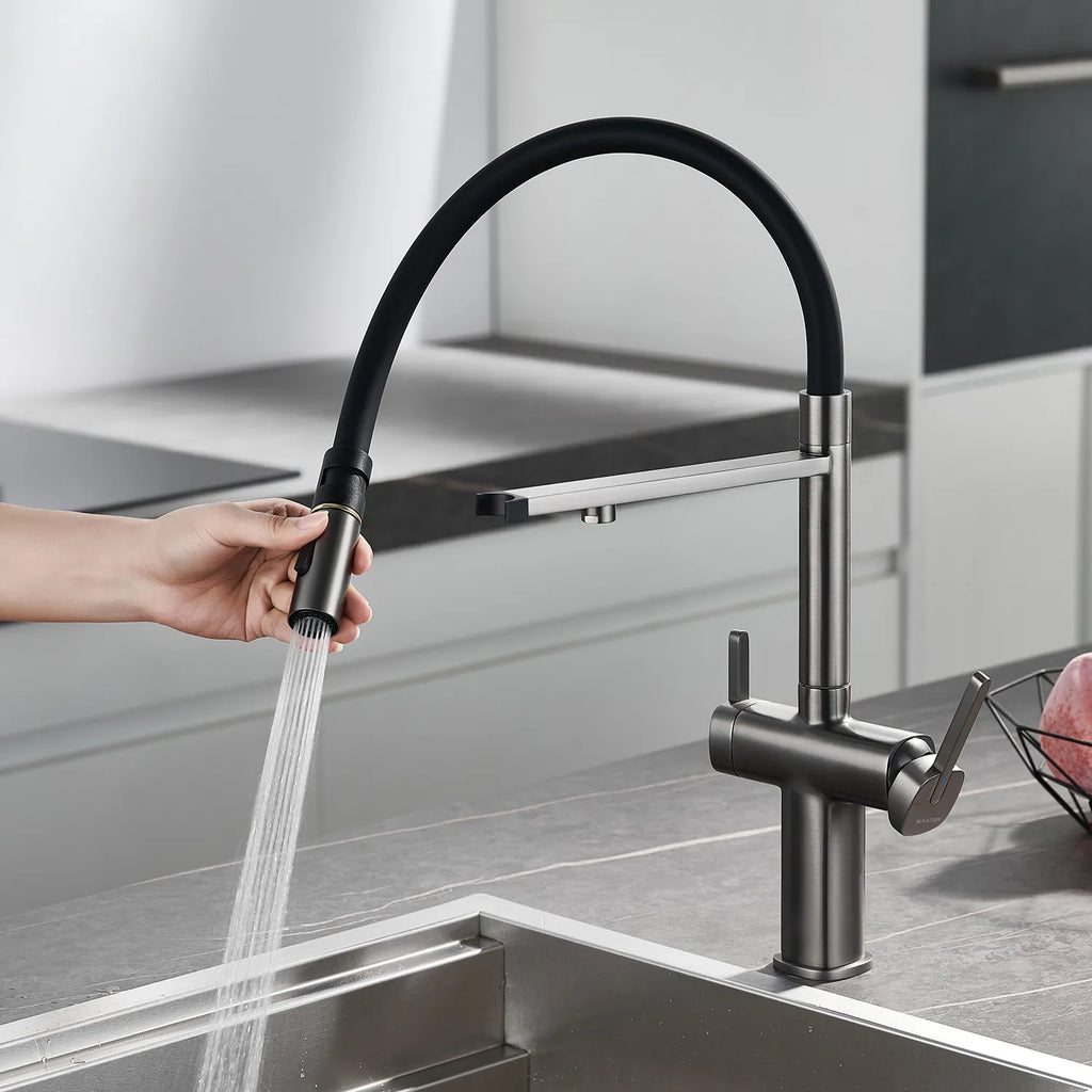 Dual-Output Pull-Out Kitchen Faucet – Filtered Water Tap, 360° Swivel Spray Head – KFB1098
