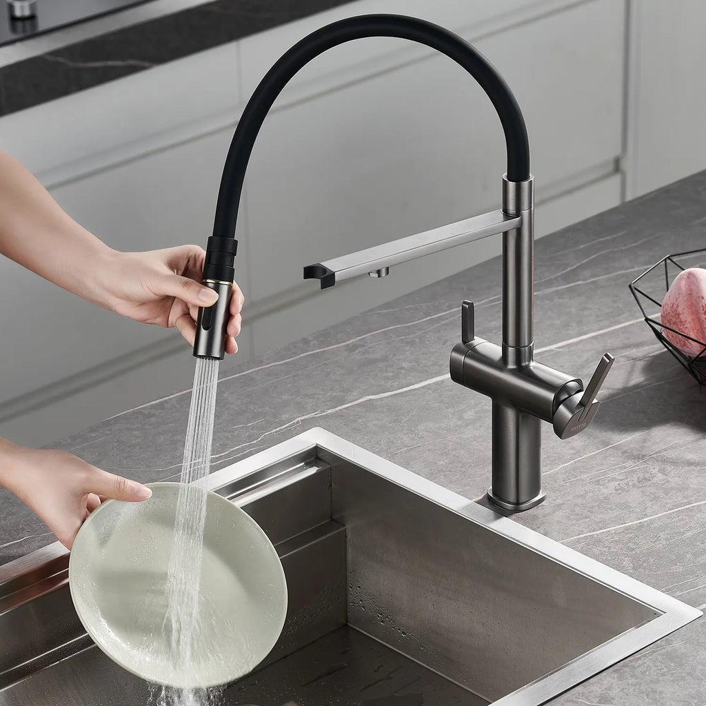 Dual-Output Pull-Out Kitchen Faucet – Filtered Water Tap, 360° Swivel Spray Head – KFB1098