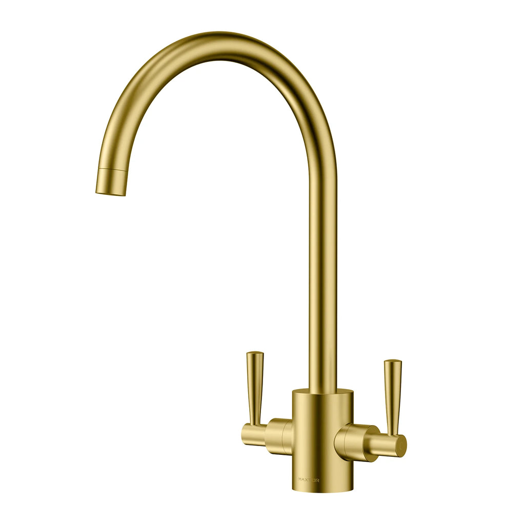 Dual-Handle High-Arc Swivel Kitchen Faucet – Spot-Free Finish, Solid Brass – KF1511 Brushed Gold