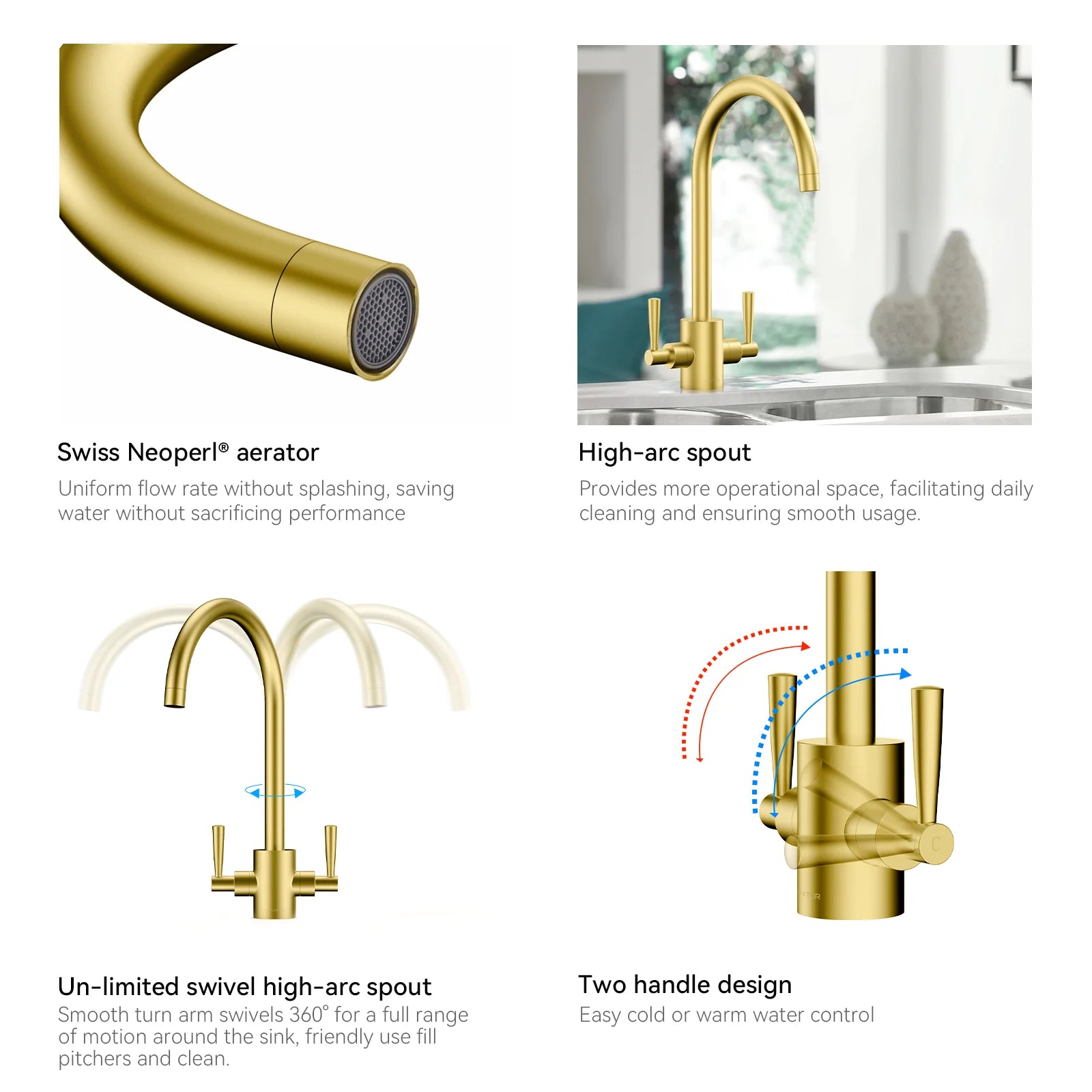 Dual-Handle High-Arc Swivel Kitchen Faucet – Spot-Free Finish, Solid Brass – KF1511