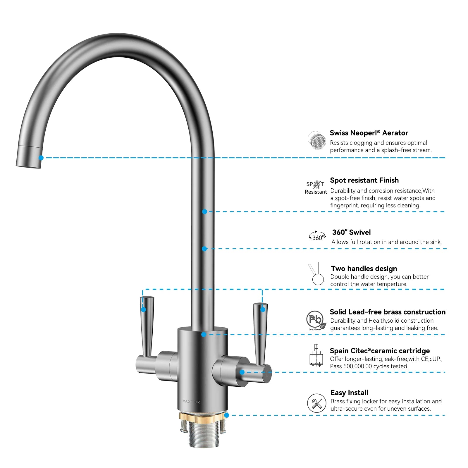 Dual-Handle High-Arc Swivel Kitchen Faucet – Spot-Free Finish, Solid Brass – KF1511