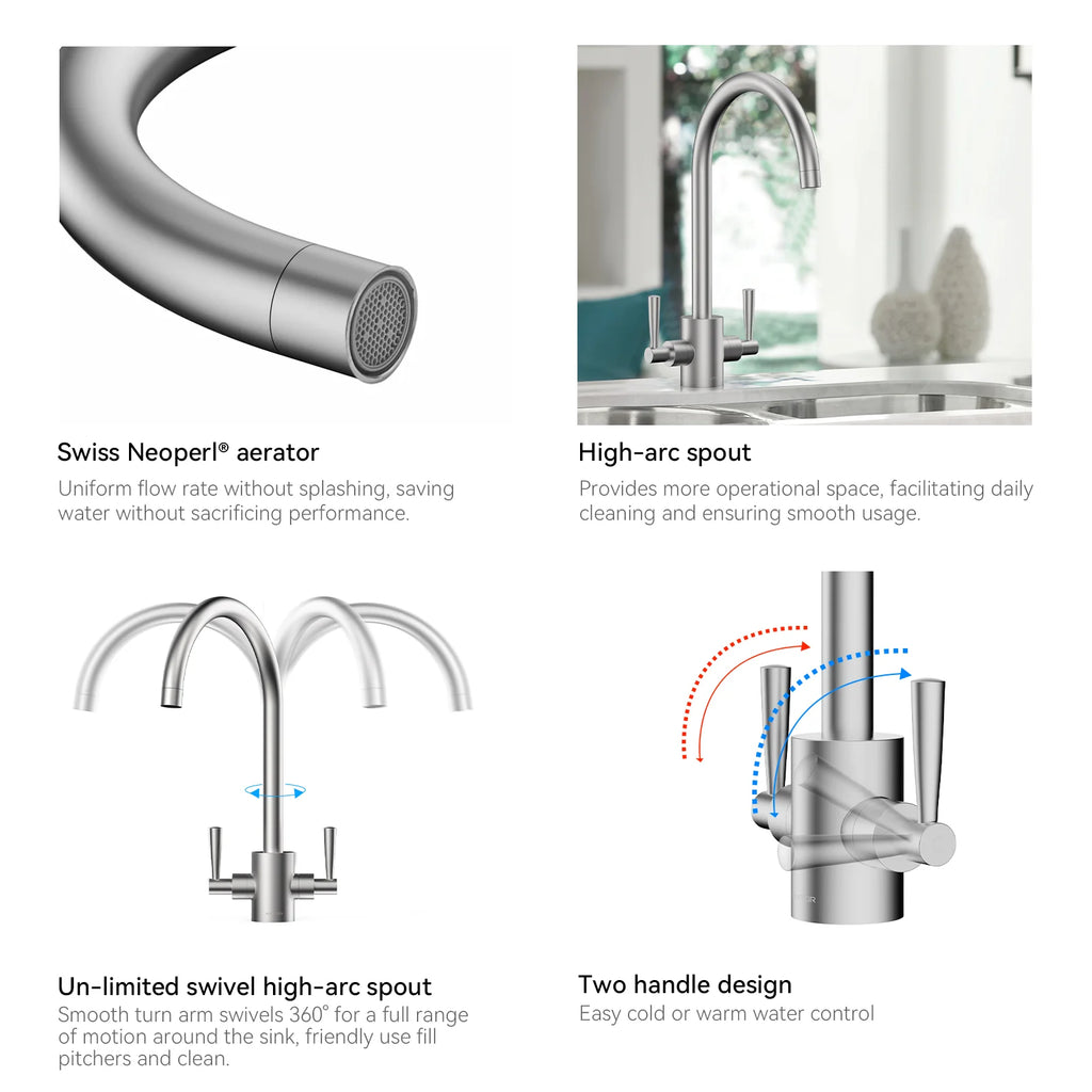 Dual-Handle High-Arc Swivel Kitchen Faucet – Spot-Free Finish, Solid Brass – KF1511