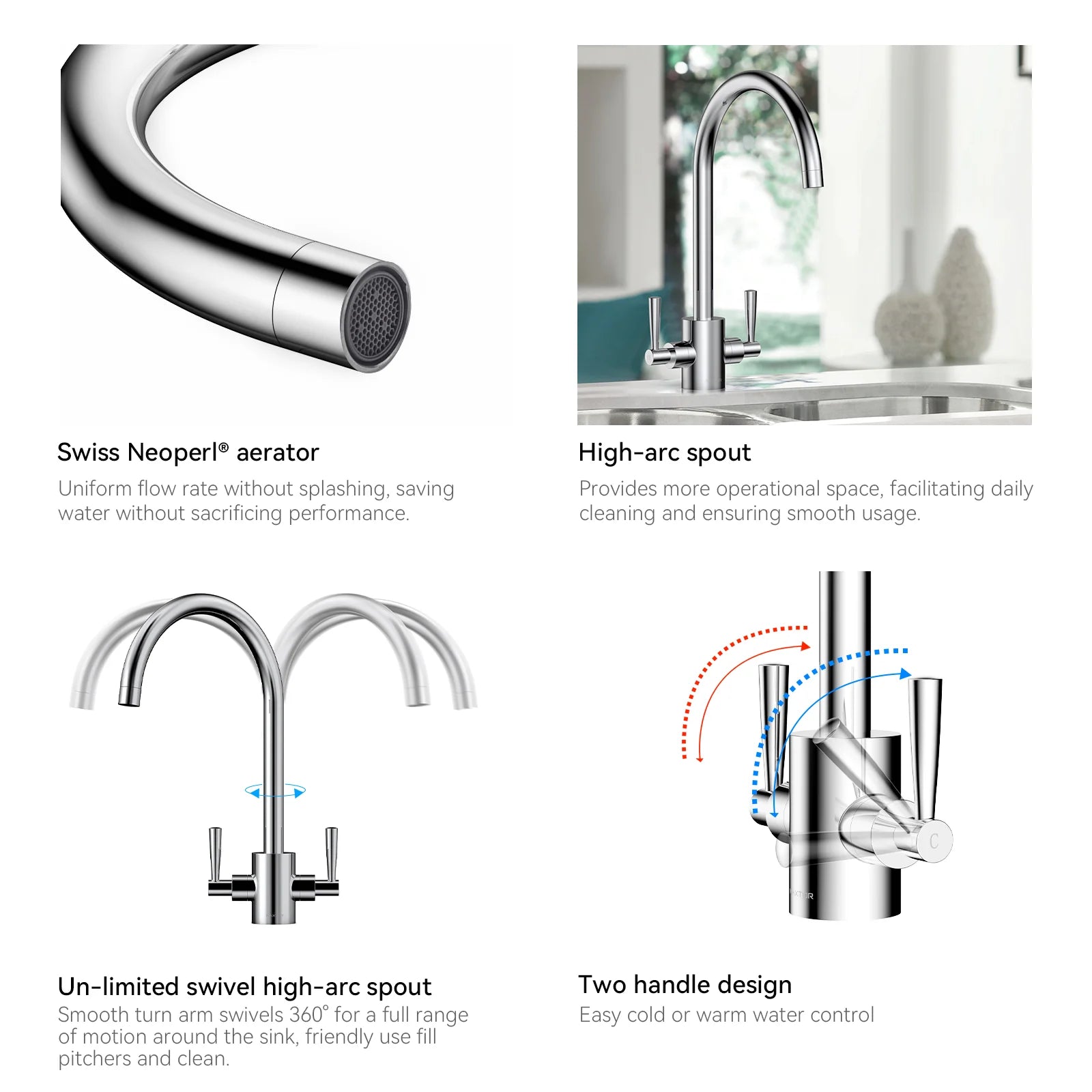 Dual-Handle High-Arc Swivel Kitchen Faucet – Spot-Free Finish, Solid Brass – KF1511