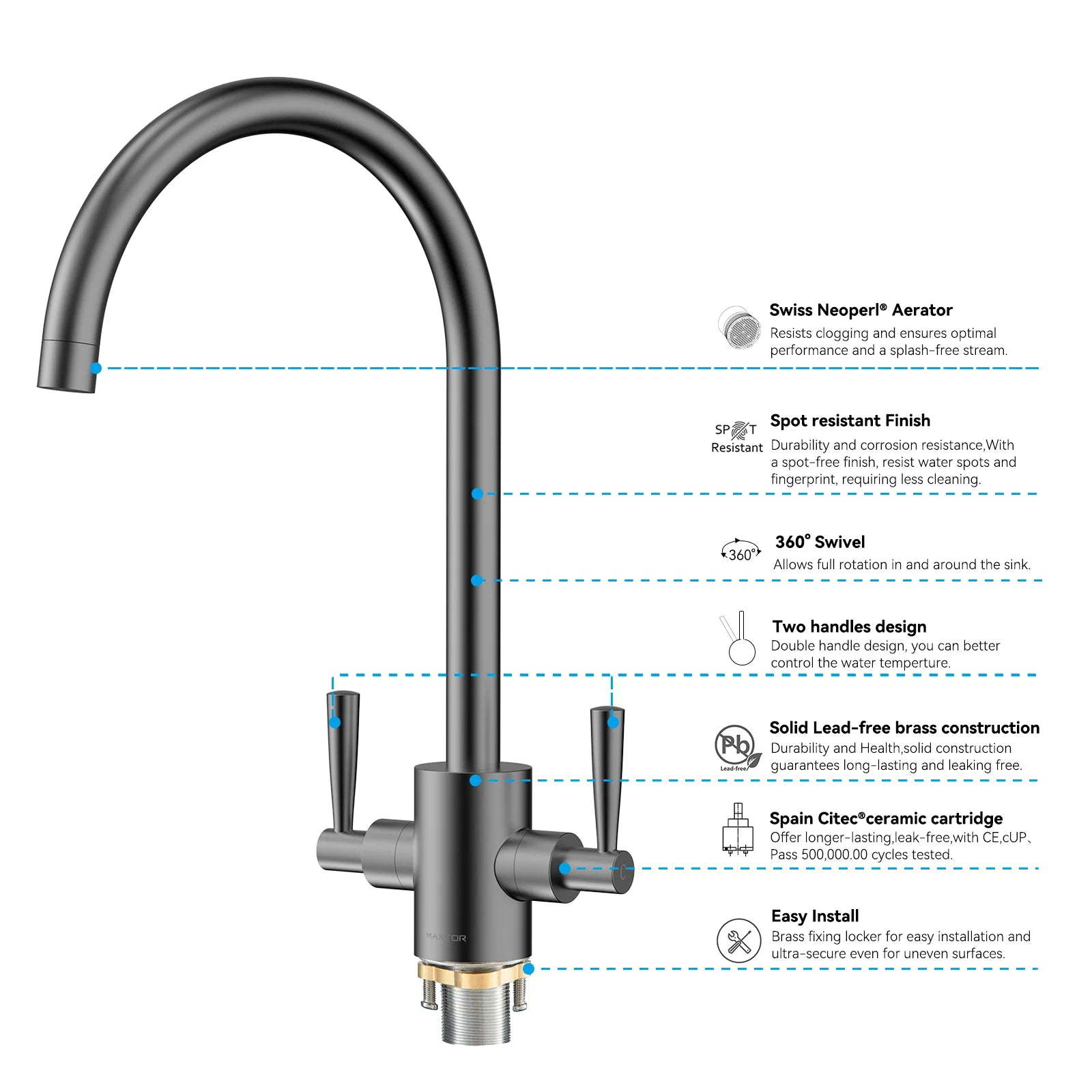 Dual-Handle High-Arc Swivel Kitchen Faucet – Spot-Free Finish, Solid Brass – KF1511