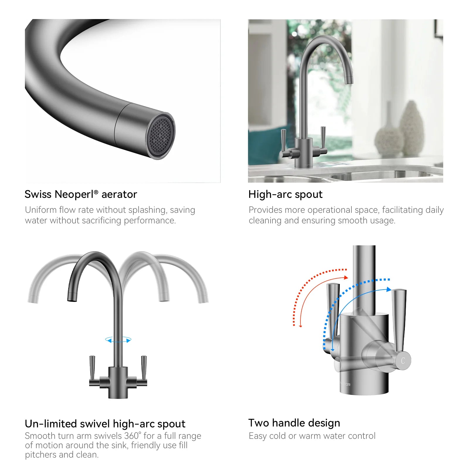 Dual-Handle High-Arc Swivel Kitchen Faucet – Spot-Free Finish, Solid Brass – KF1511