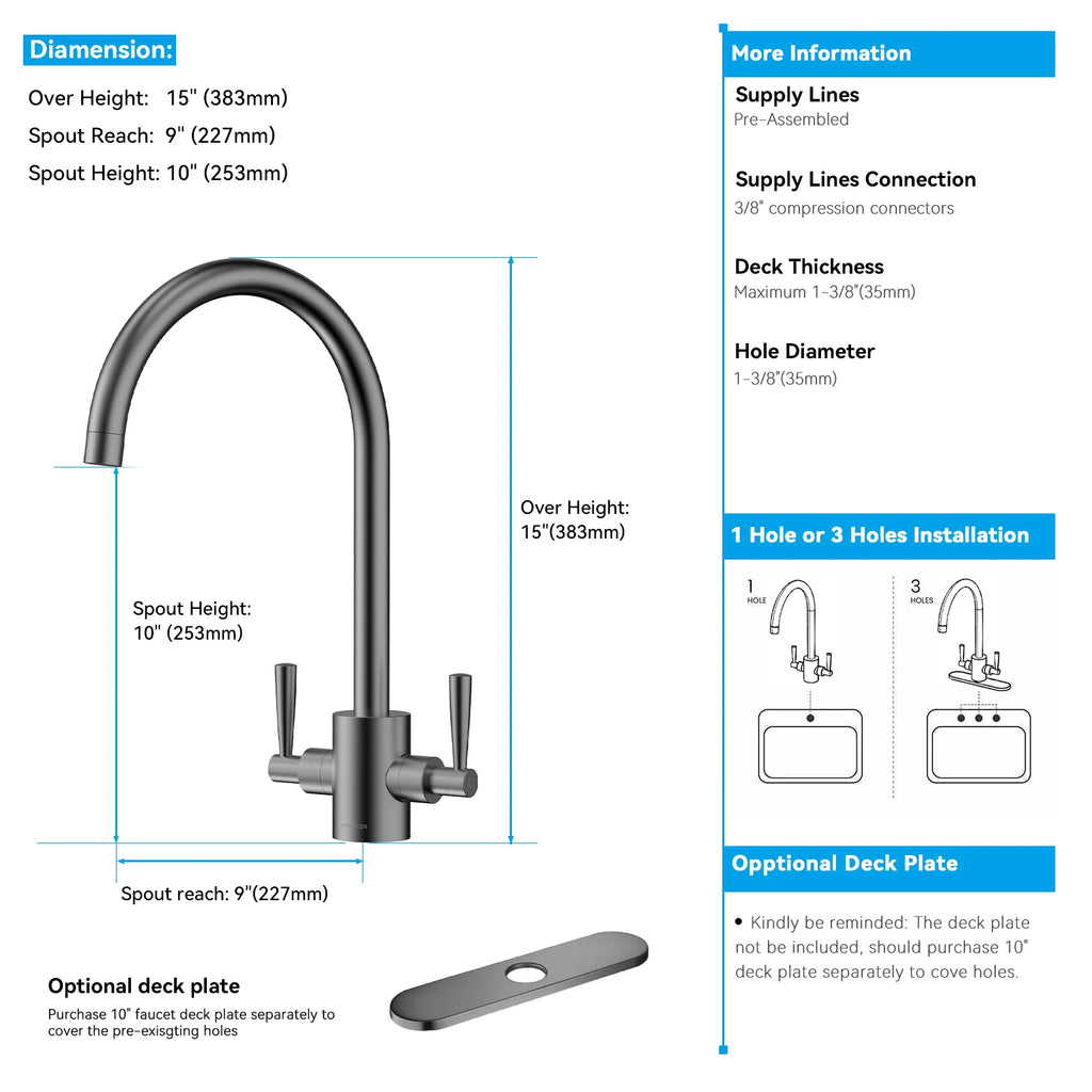 Dual-Handle High-Arc Swivel Kitchen Faucet – Spot-Free Finish, Solid Brass – KF1511