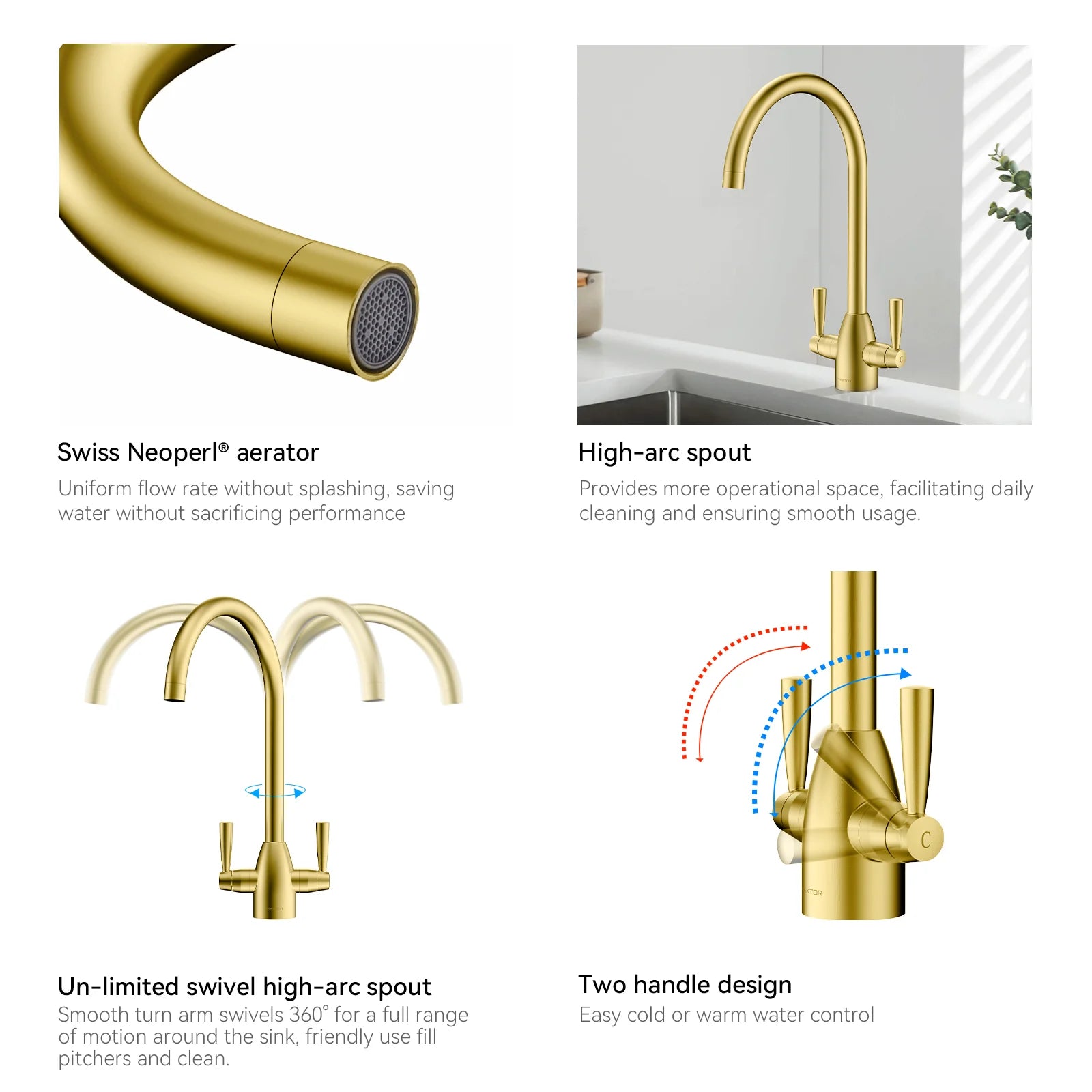 Dual-Handle High-Arc Swivel Kitchen Faucet with Conical Base & Swiss Neoperl Aerator-KFB1116