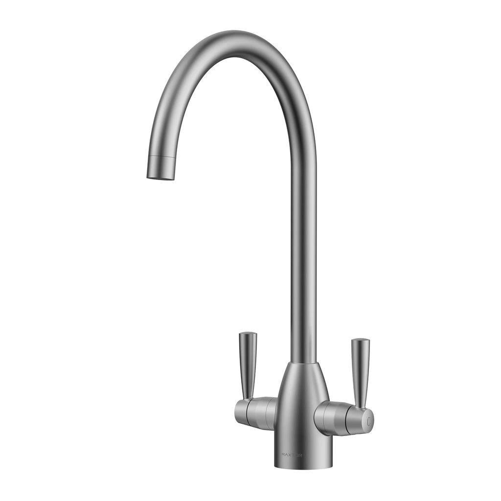 Dual-Handle High-Arc Swivel Kitchen Faucet with Conical Base & Swiss Neoperl Aerator-KFB1116 Brushed Nickel