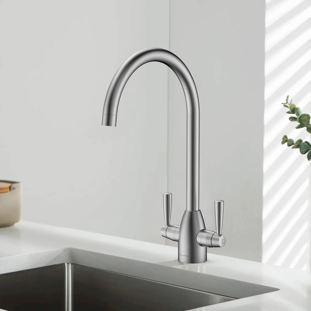 Dual-Handle High-Arc Swivel Kitchen Faucet with Conical Base & Swiss Neoperl Aerator-KFB1116