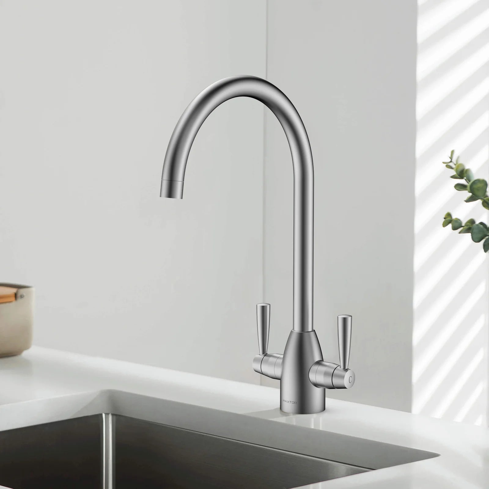 Dual-Handle High-Arc Swivel Kitchen Faucet with Conical Base & Swiss Neoperl Aerator-KFB1116