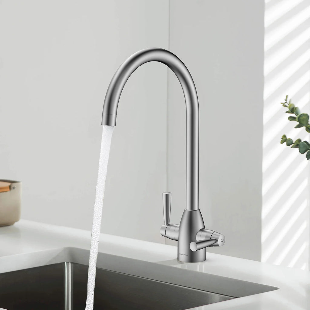 Dual-Handle High-Arc Swivel Kitchen Faucet with Conical Base & Swiss Neoperl Aerator-KFB1116