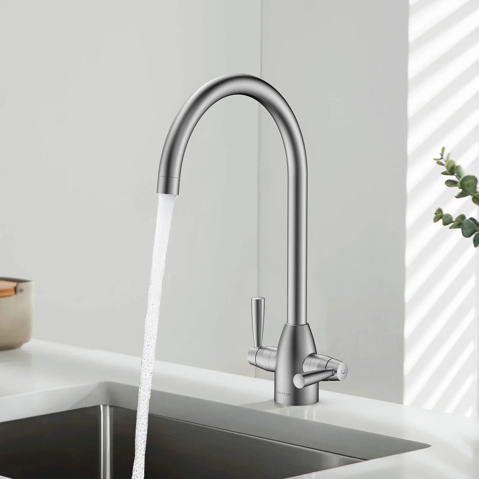 Dual-Handle High-Arc Swivel Kitchen Faucet with Conical Base & Swiss Neoperl Aerator-KFB1116