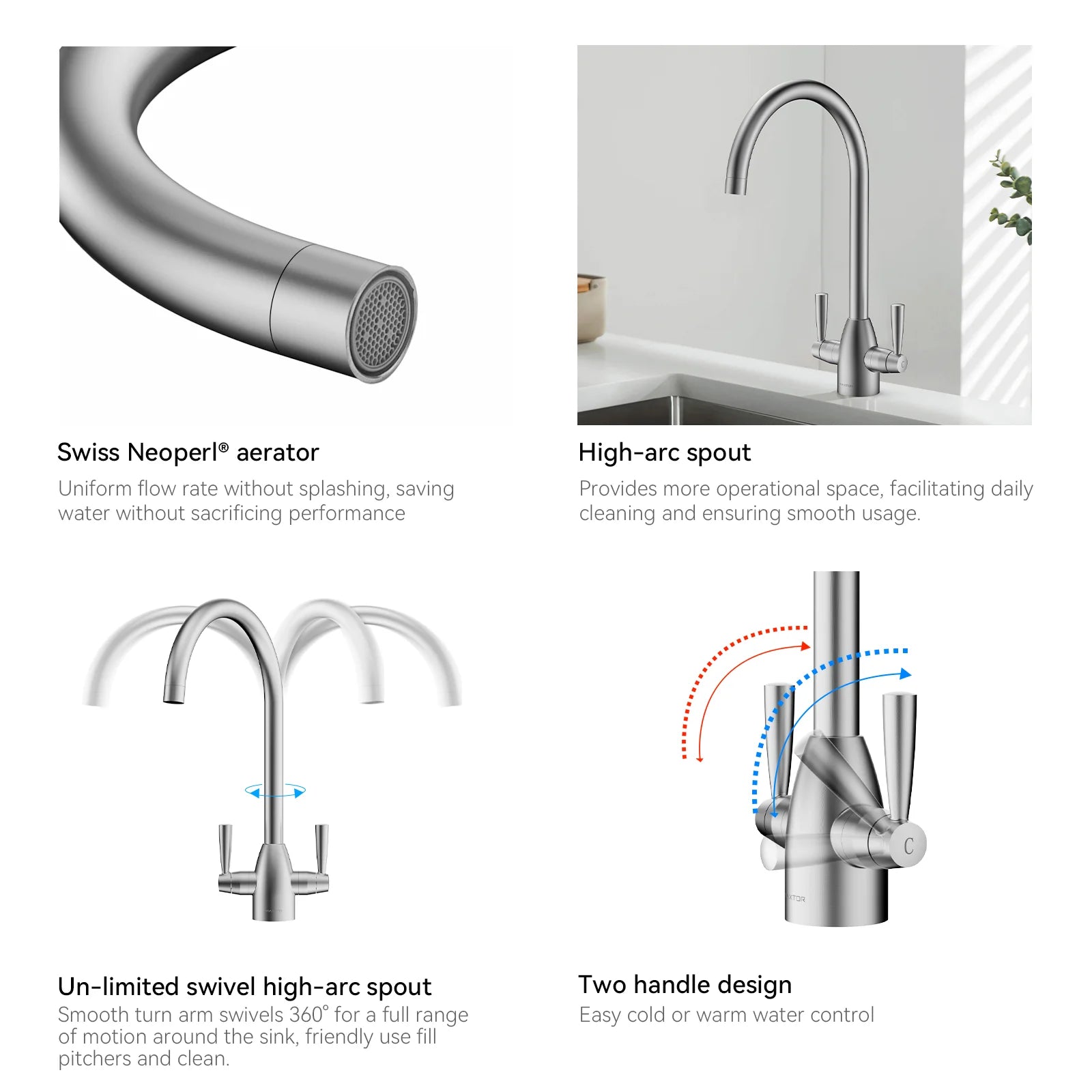 Dual-Handle High-Arc Swivel Kitchen Faucet with Conical Base & Swiss Neoperl Aerator-KFB1116