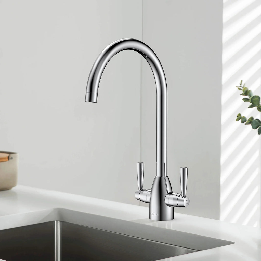 Dual-Handle High-Arc Swivel Kitchen Faucet with Conical Base & Swiss Neoperl Aerator-KFB1116