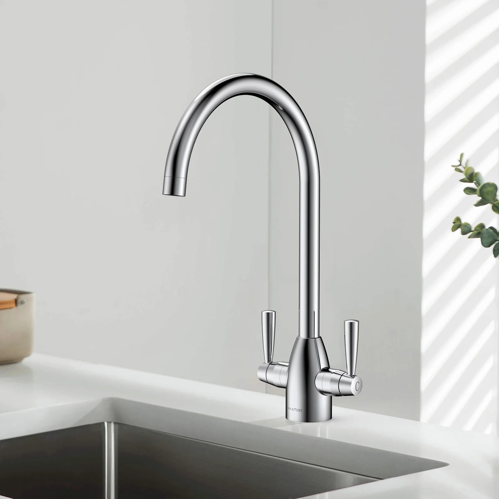 Dual-Handle High-Arc Swivel Kitchen Faucet with Conical Base & Swiss Neoperl Aerator-KFB1116