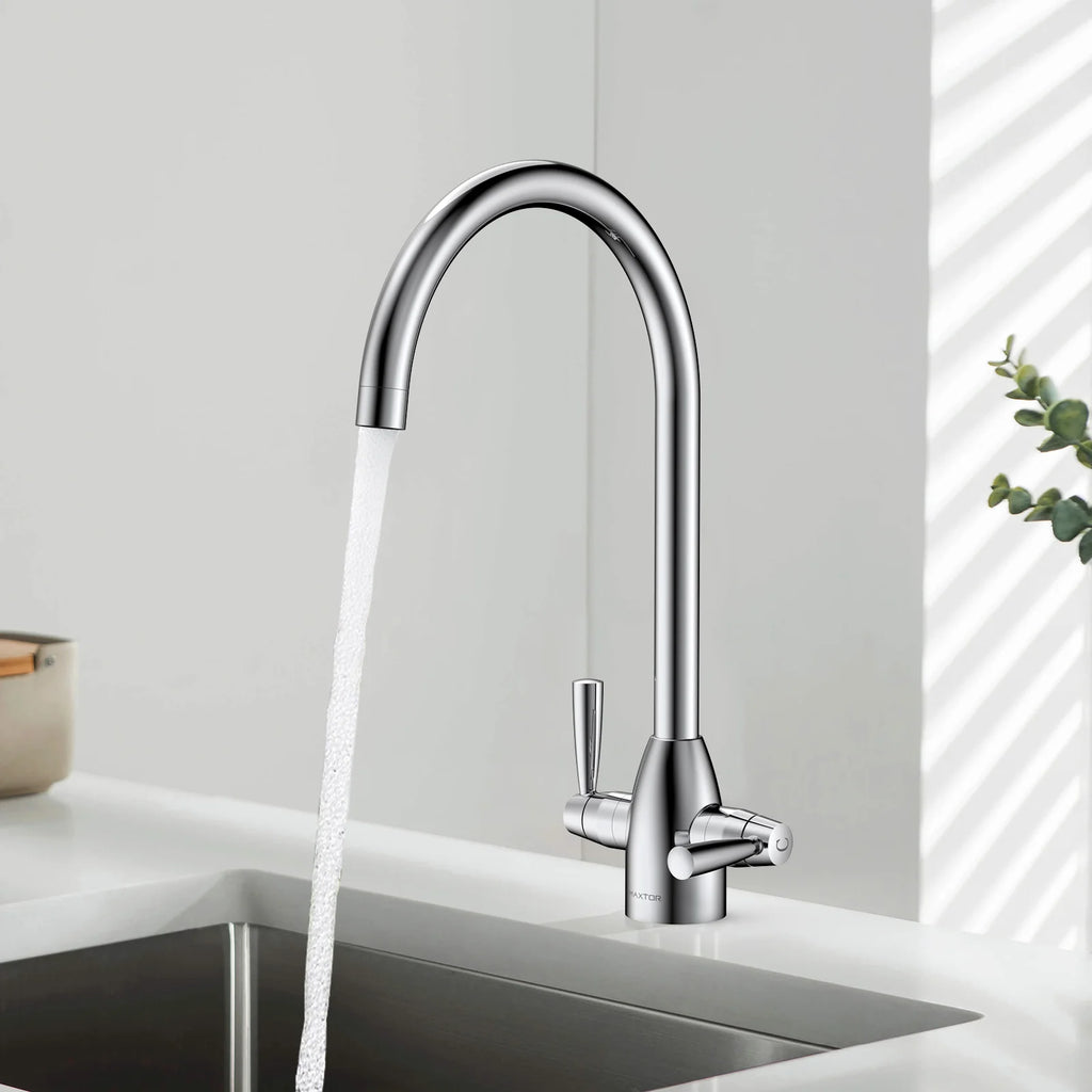 Dual-Handle High-Arc Swivel Kitchen Faucet with Conical Base & Swiss Neoperl Aerator-KFB1116