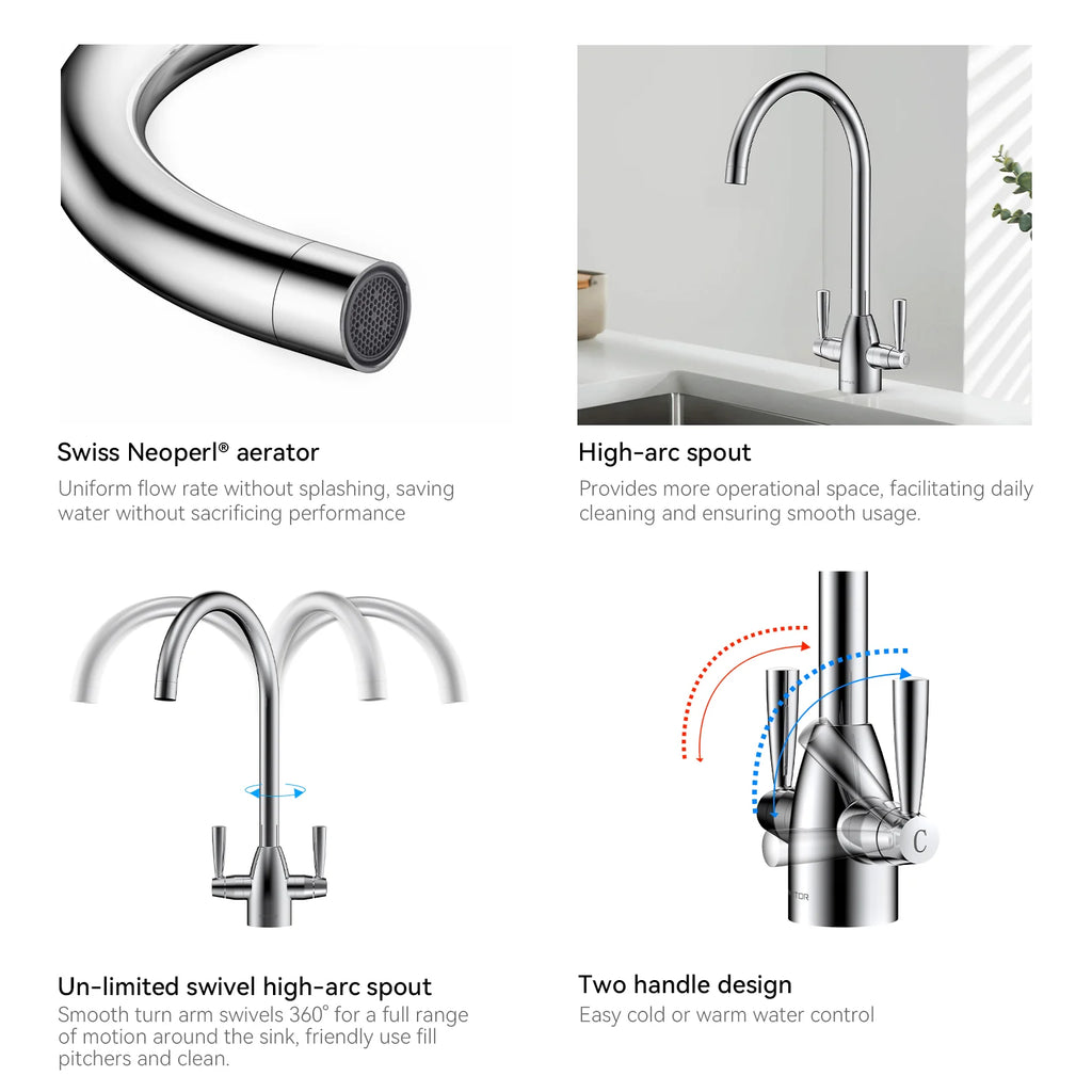 Dual-Handle High-Arc Swivel Kitchen Faucet with Conical Base & Swiss Neoperl Aerator-KFB1116