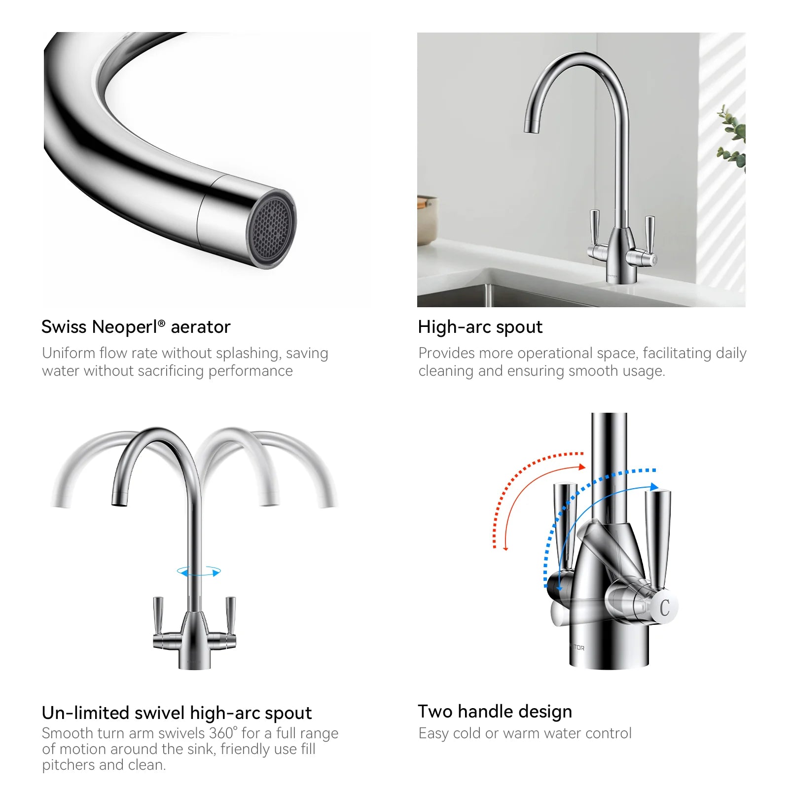 Dual-Handle High-Arc Swivel Kitchen Faucet with Conical Base & Swiss Neoperl Aerator-KFB1116