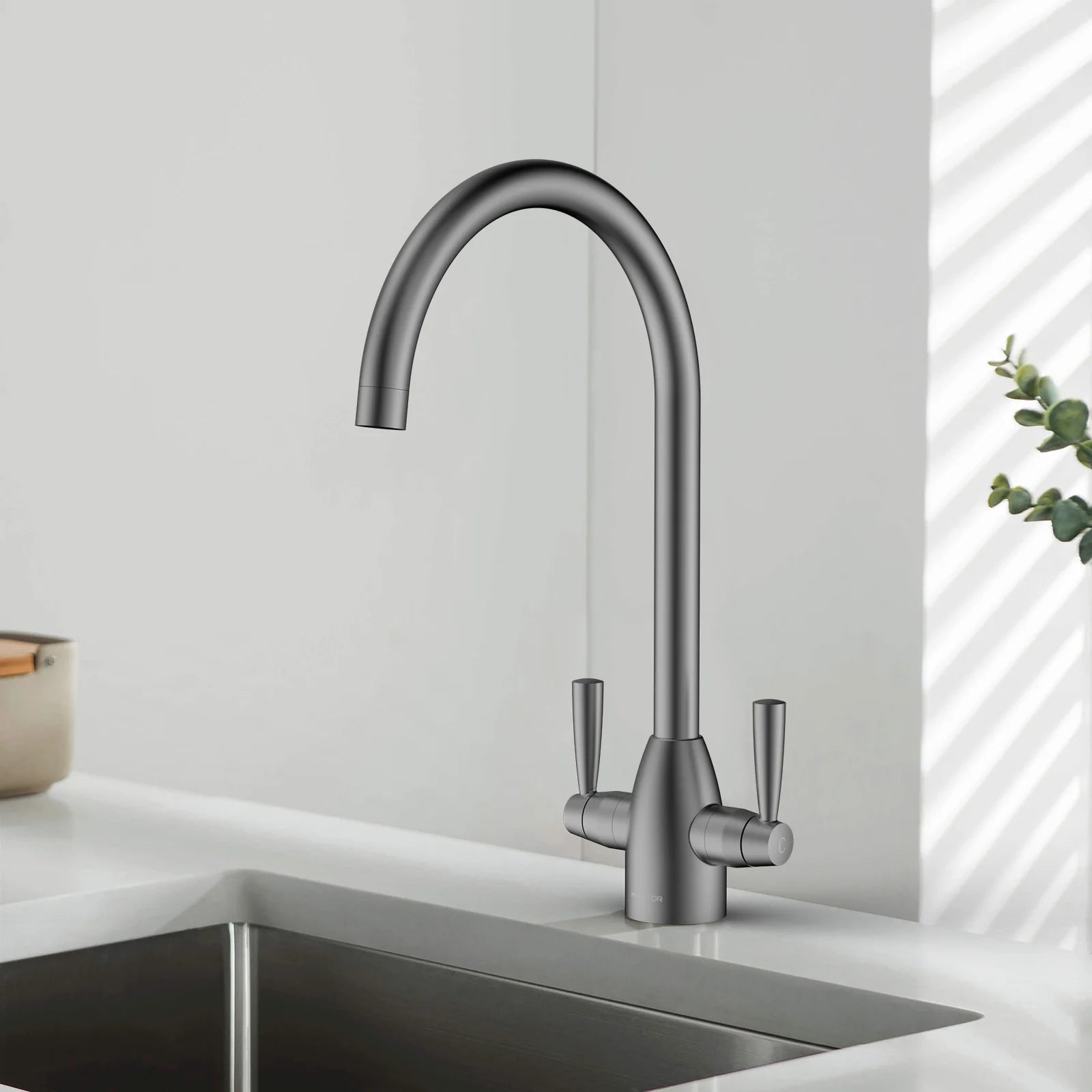 Dual-Handle High-Arc Swivel Kitchen Faucet with Conical Base & Swiss Neoperl Aerator-KFB1116