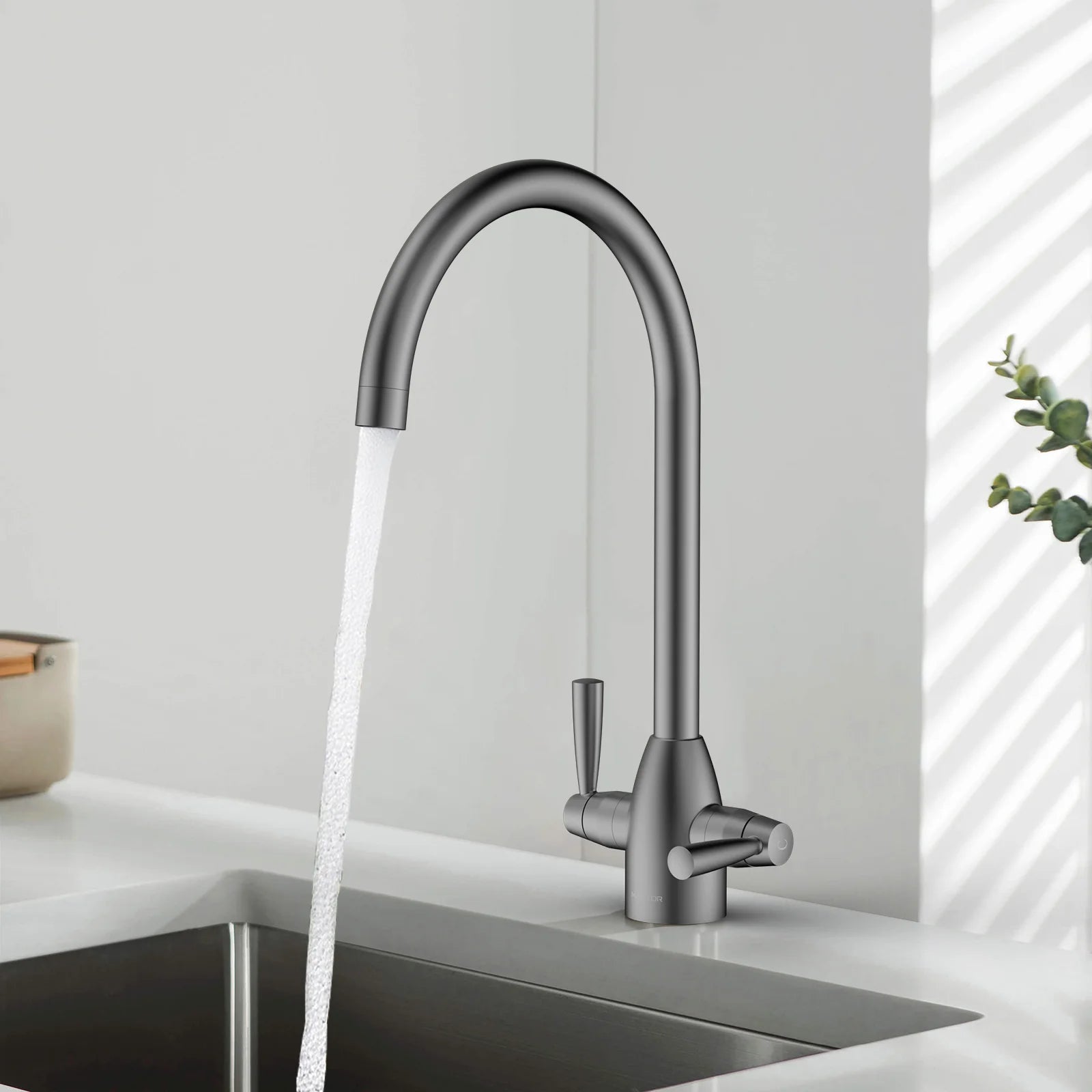 Dual-Handle High-Arc Swivel Kitchen Faucet with Conical Base & Swiss Neoperl Aerator-KFB1116