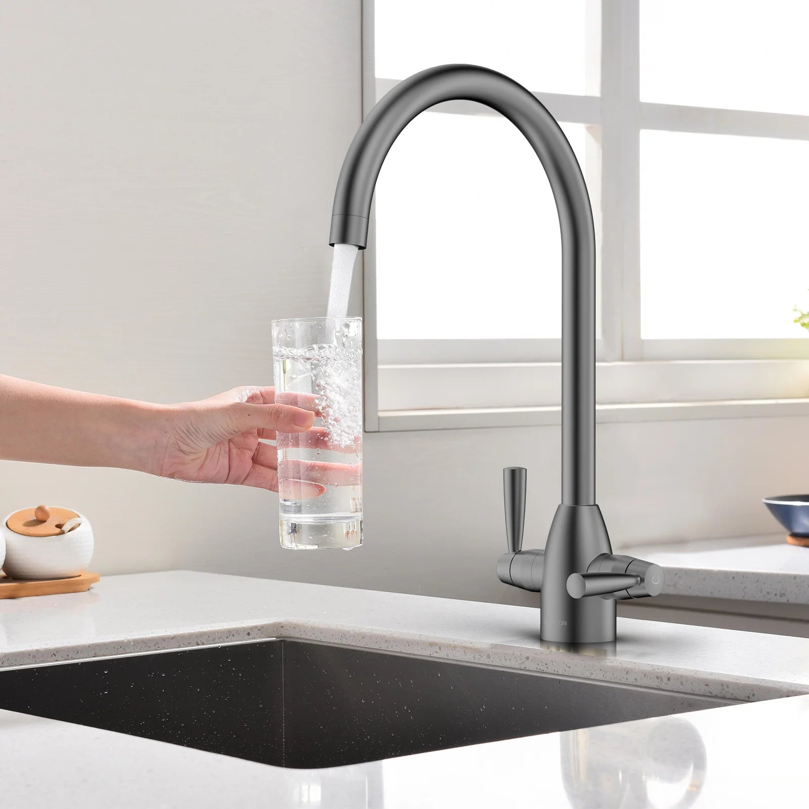 Dual-Handle High-Arc Swivel Kitchen Faucet with Conical Base & Swiss Neoperl Aerator-KFB1116