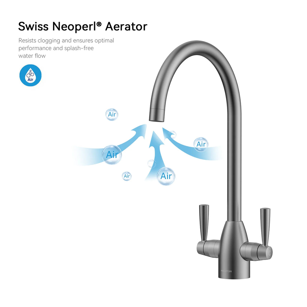 Dual-Handle High-Arc Swivel Kitchen Faucet with Conical Base & Swiss Neoperl Aerator-KFB1116