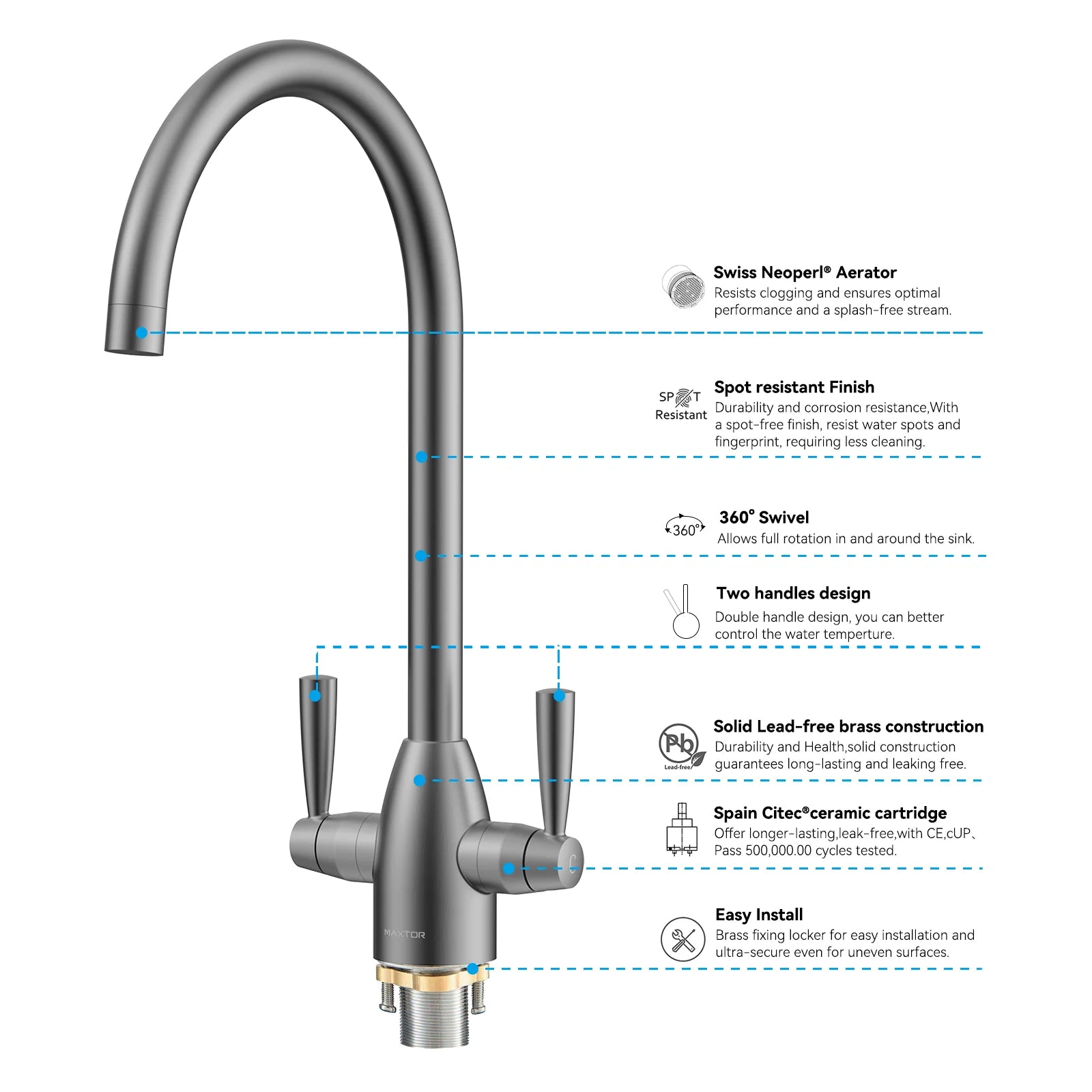 Dual-Handle High-Arc Swivel Kitchen Faucet with Conical Base & Swiss Neoperl Aerator-KFB1116
