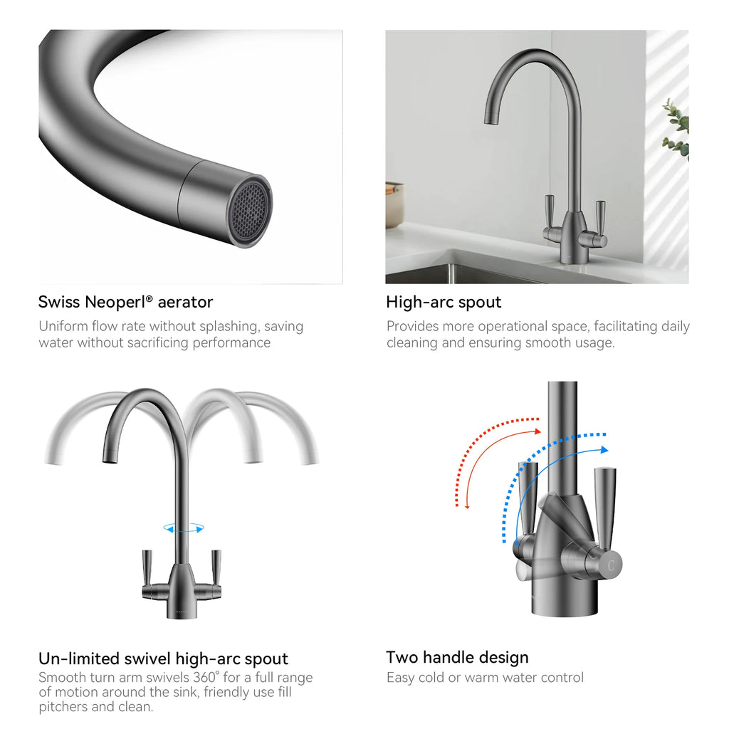 Dual-Handle High-Arc Swivel Kitchen Faucet with Conical Base & Swiss Neoperl Aerator-KFB1116