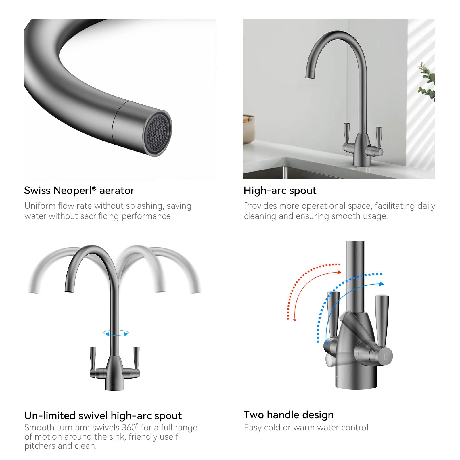 Dual-Handle High-Arc Swivel Kitchen Faucet with Conical Base & Swiss Neoperl Aerator-KFB1116