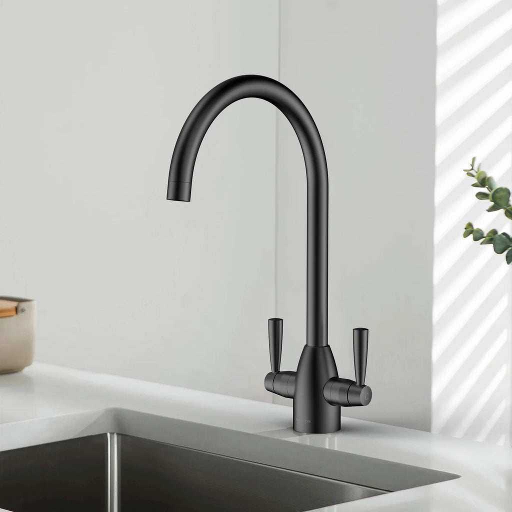 Dual-Handle High-Arc Swivel Kitchen Faucet with Conical Base & Swiss Neoperl Aerator-KFB1116