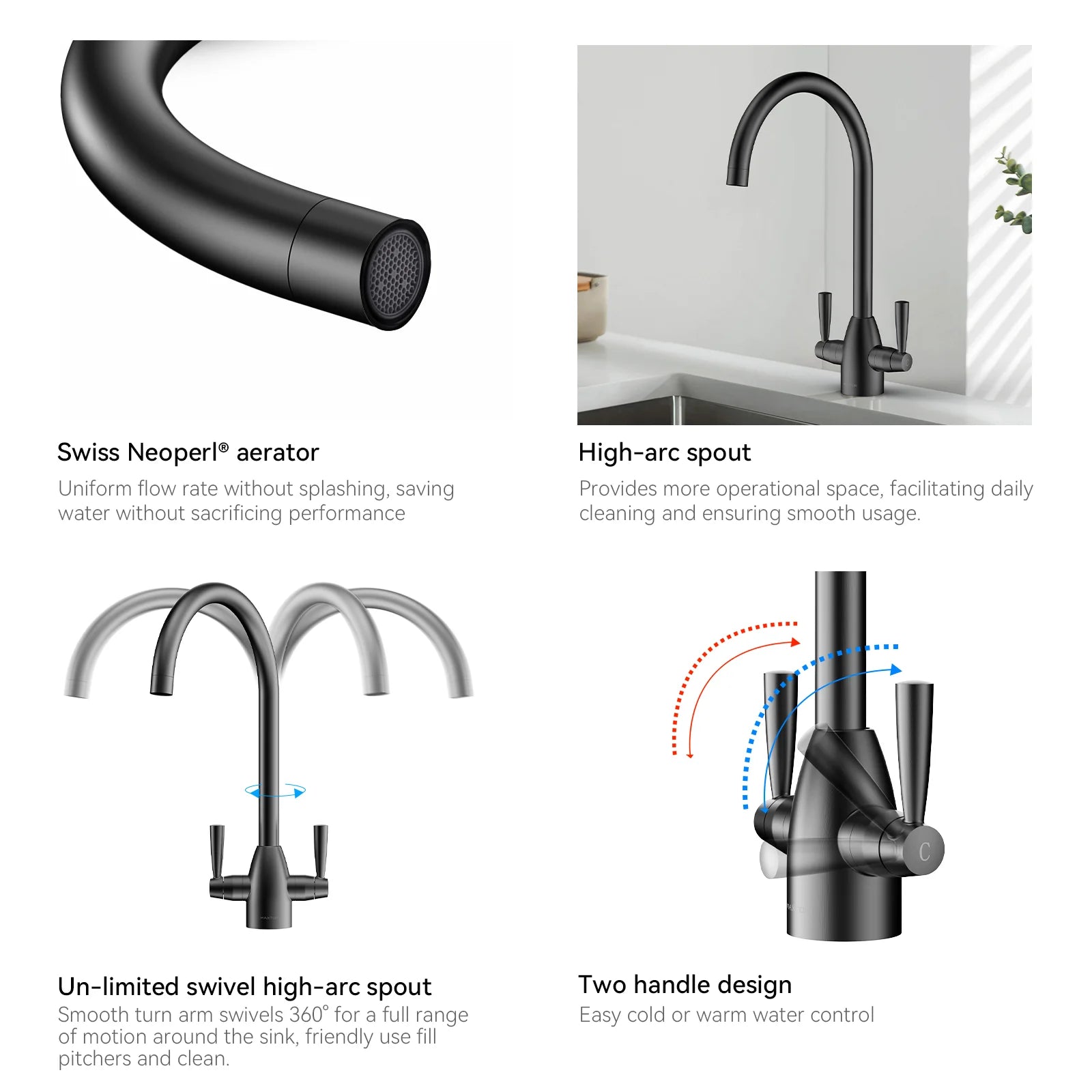 Dual-Handle High-Arc Swivel Kitchen Faucet with Conical Base & Swiss Neoperl Aerator-KFB1116