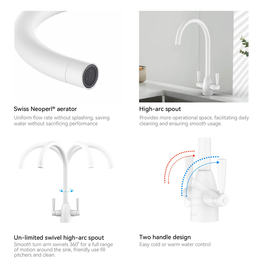 Dual-Handle High-Arc Swivel Kitchen Faucet with Conical Base & Swiss Neoperl Aerator-KFB1116