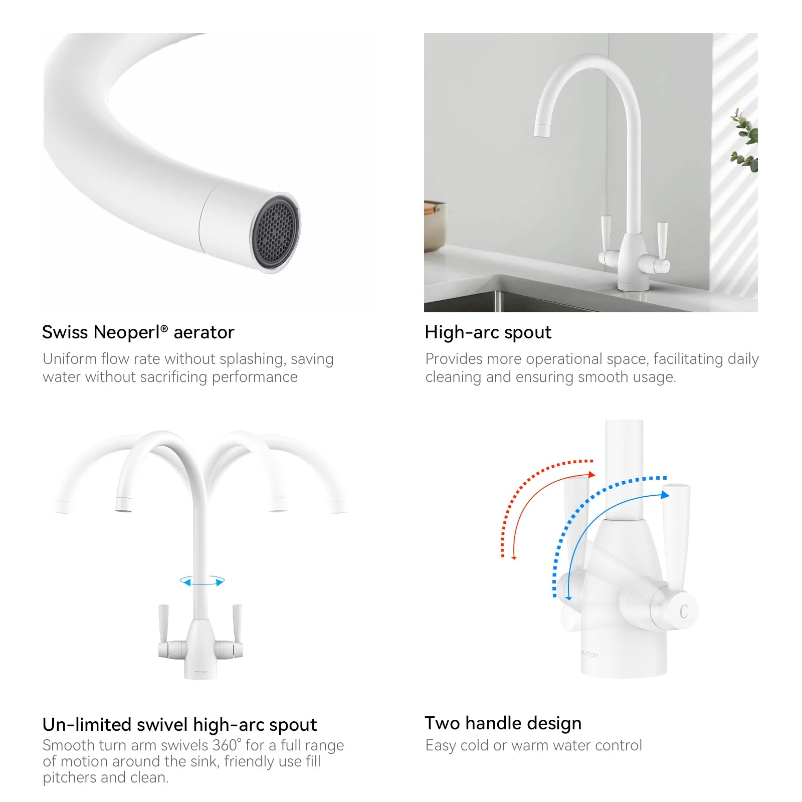 Dual-Handle High-Arc Swivel Kitchen Faucet with Conical Base & Swiss Neoperl Aerator-KFB1116