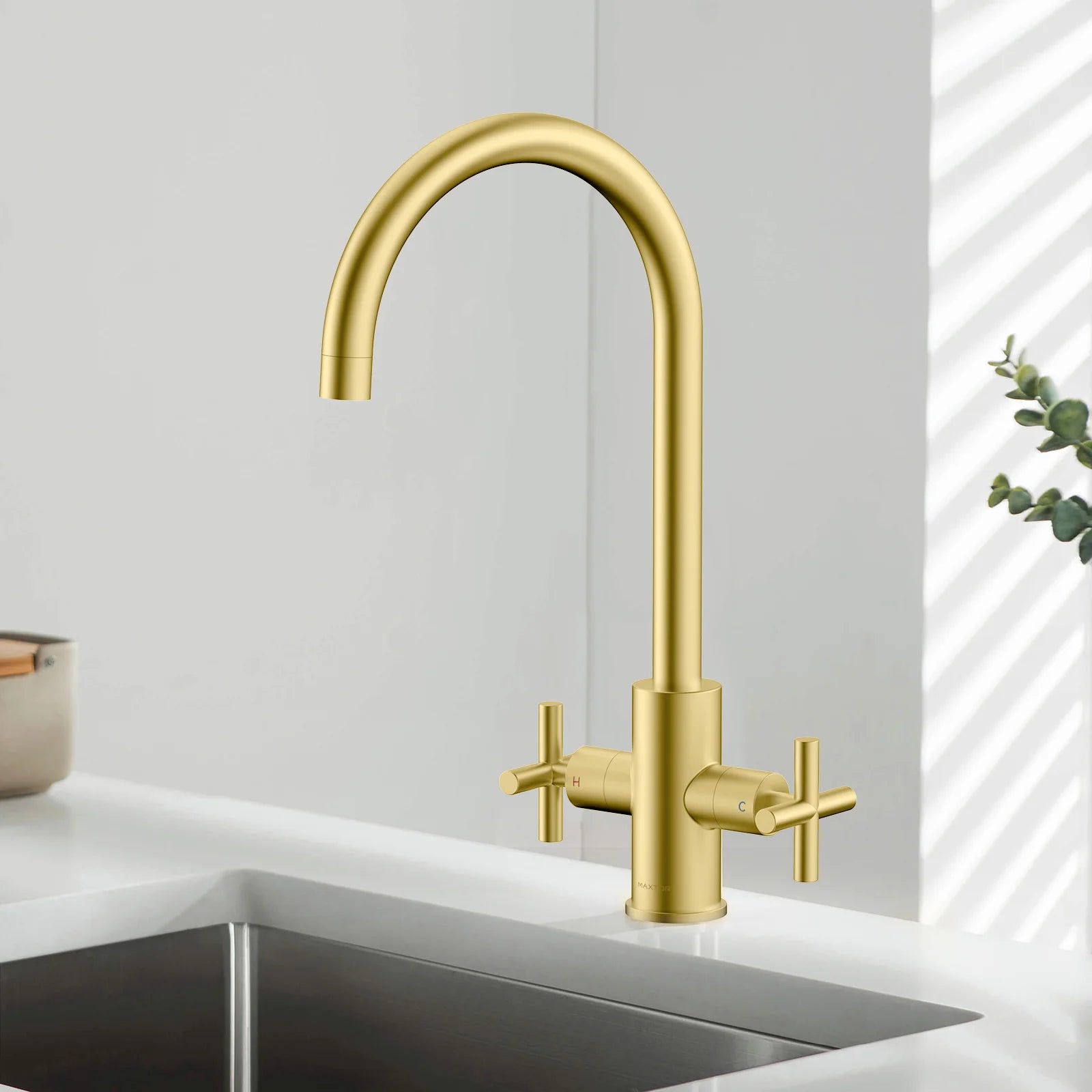 Dual-Handle Cross-Handle High-Arc Swivel Kitchen Faucet – Spot-Free Finish, Solid Brass –KFB1121