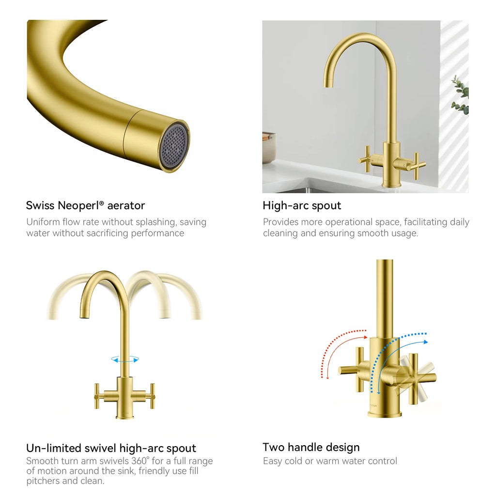Dual-Handle Cross-Handle High-Arc Swivel Kitchen Faucet – Spot-Free Finish, Solid Brass –KFB1121