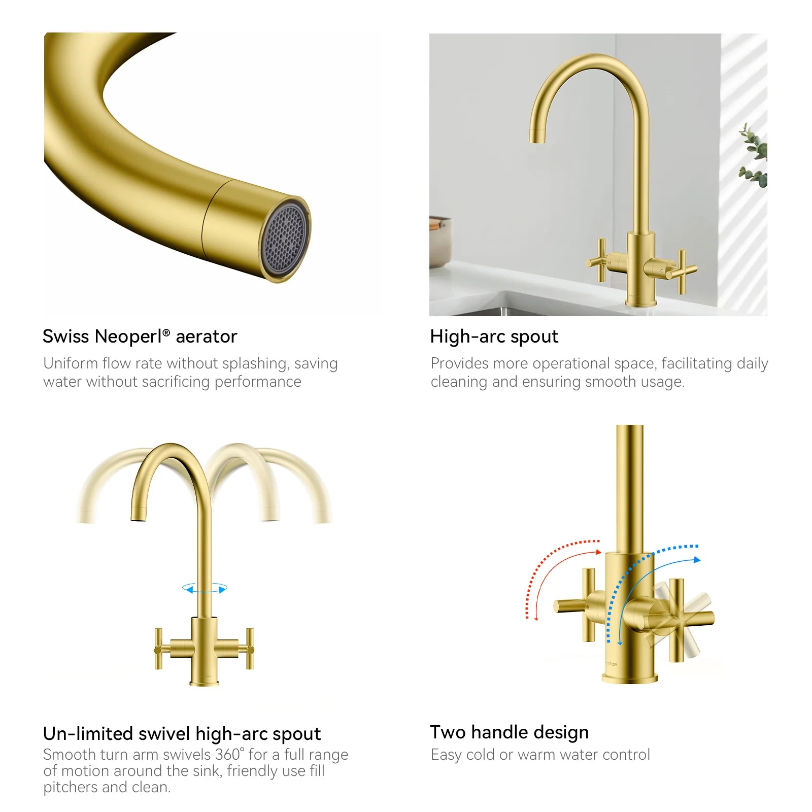 Dual-Handle Cross-Handle High-Arc Swivel Kitchen Faucet – Spot-Free Finish, Solid Brass –KFB1121