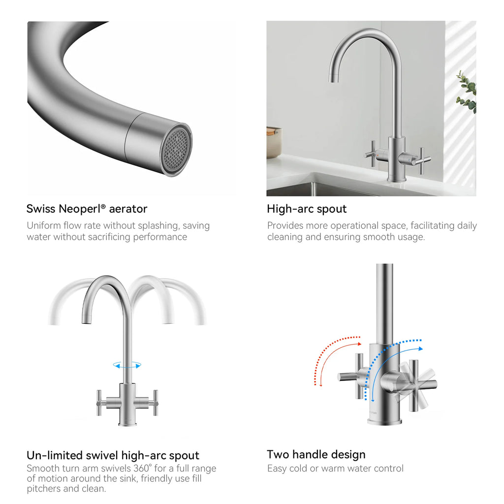 Dual-Handle Cross-Handle High-Arc Swivel Kitchen Faucet – Spot-Free Finish, Solid Brass –KFB1121