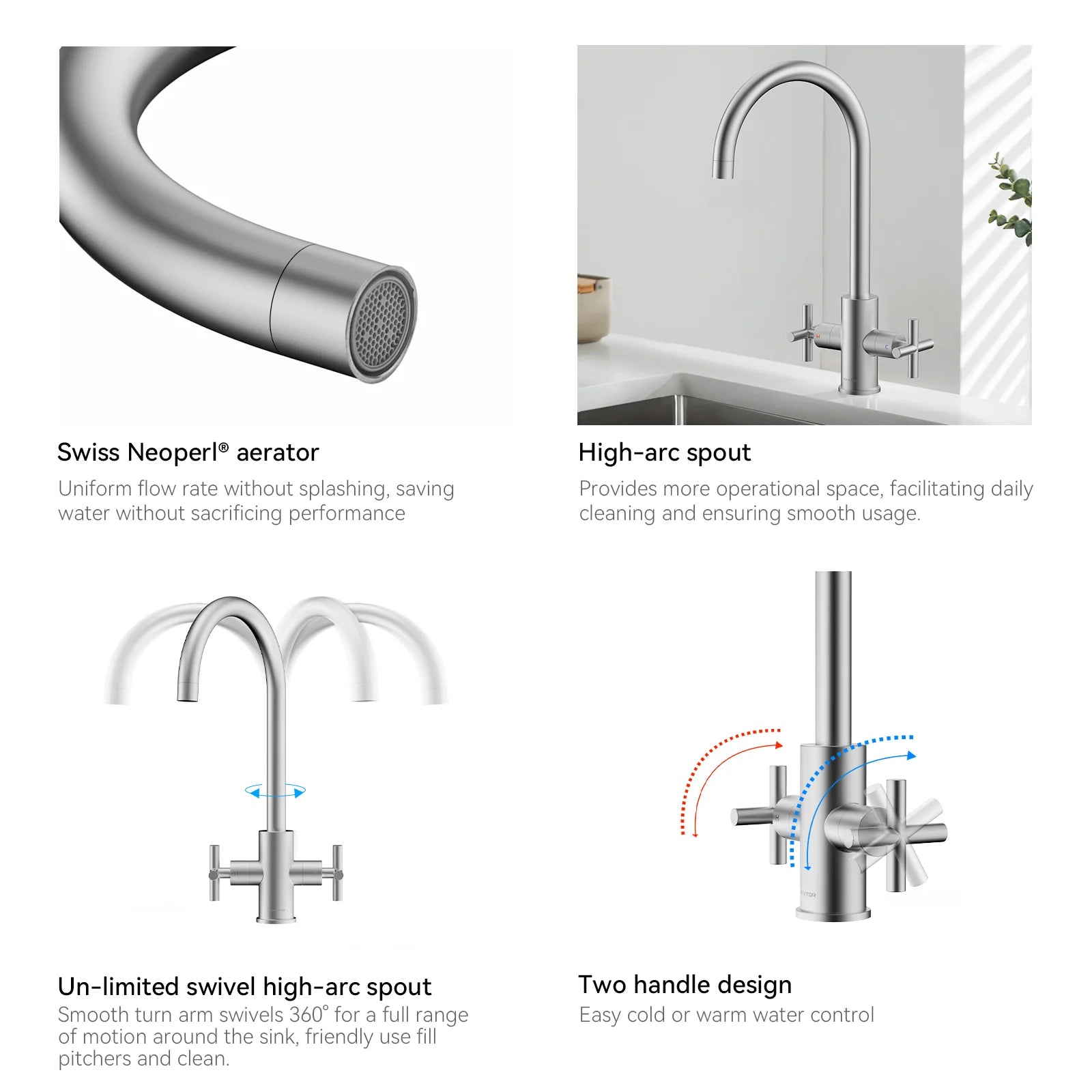 Dual-Handle Cross-Handle High-Arc Swivel Kitchen Faucet – Spot-Free Finish, Solid Brass –KFB1121