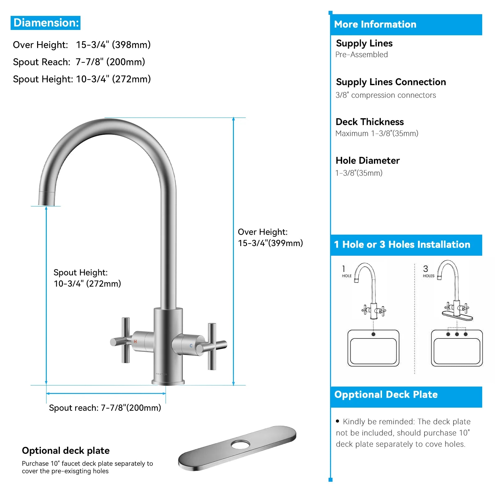 Dual-Handle Cross-Handle High-Arc Swivel Kitchen Faucet – Spot-Free Finish, Solid Brass –KFB1121