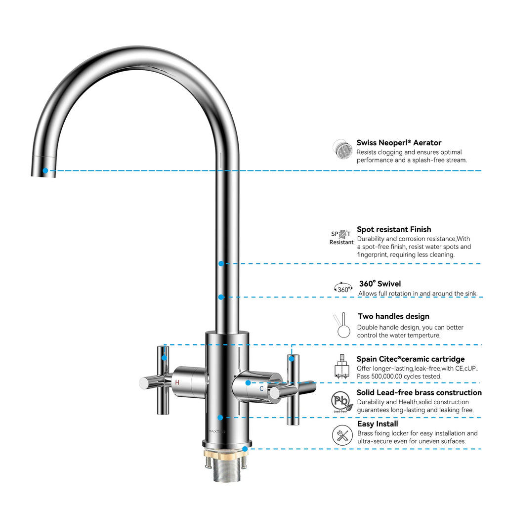 Dual-Handle Cross-Handle High-Arc Swivel Kitchen Faucet – Spot-Free Finish, Solid Brass –KFB1121