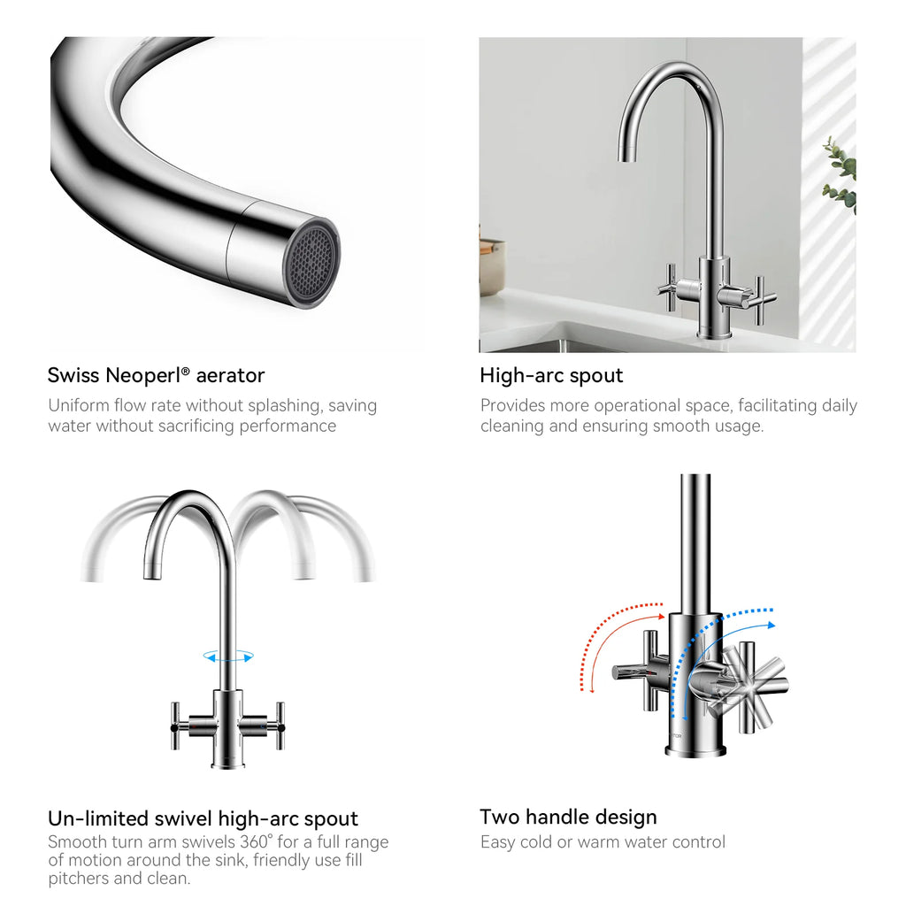 Dual-Handle Cross-Handle High-Arc Swivel Kitchen Faucet – Spot-Free Finish, Solid Brass –KFB1121