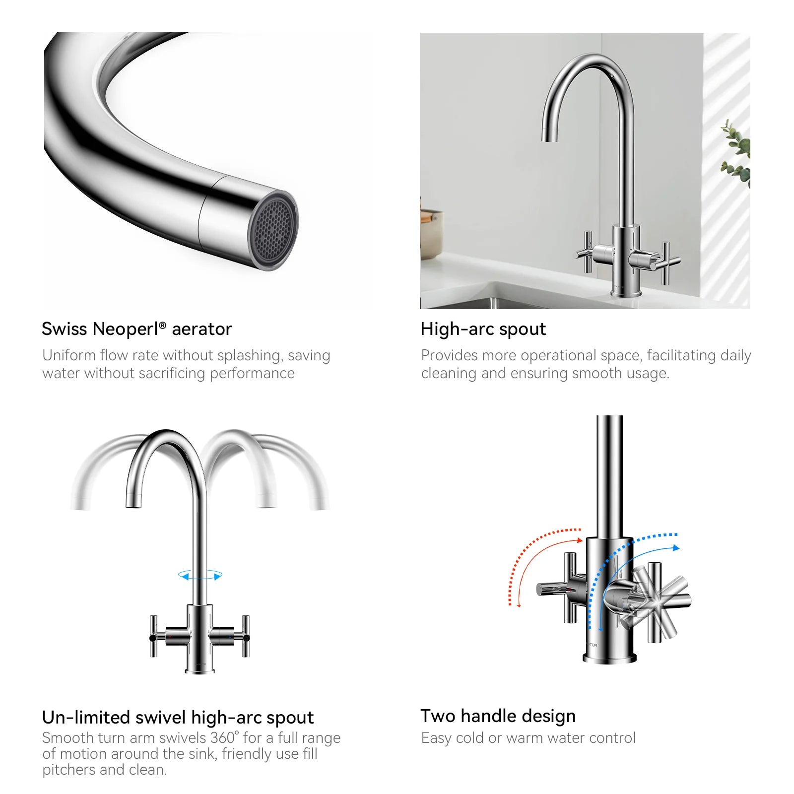 Dual-Handle Cross-Handle High-Arc Swivel Kitchen Faucet – Spot-Free Finish, Solid Brass –KFB1121